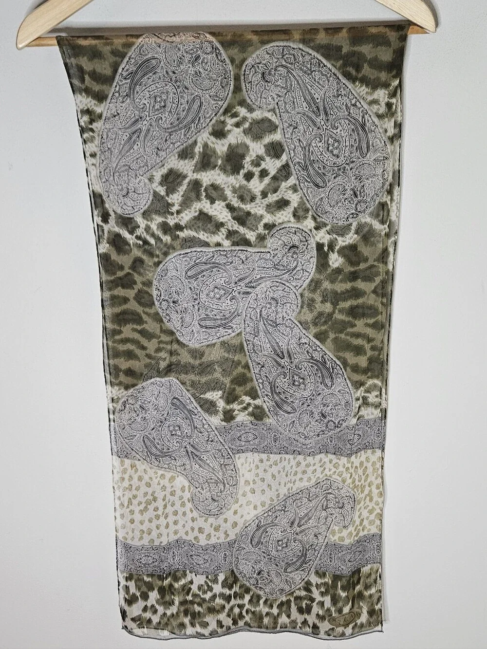 Oscar De La Renta Silk Scarf Leopard Paisley Green Brown 15×58
